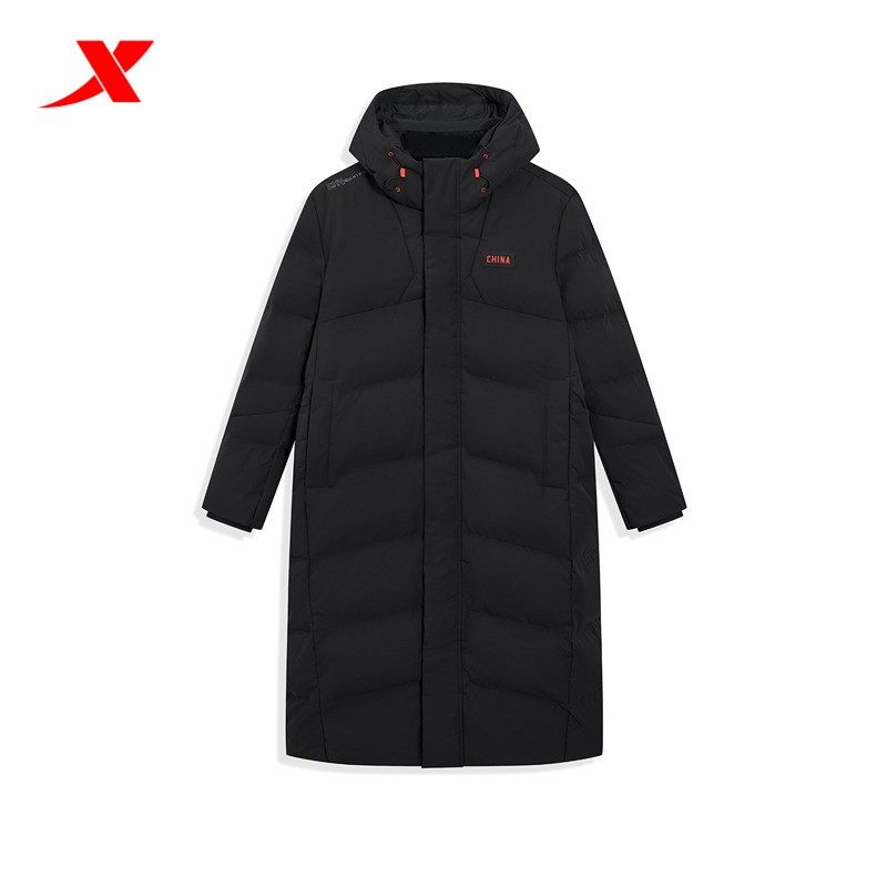 特步CHINA中长款连帽鸭绒服男2025冬锁温保暖羽绒服975429640128