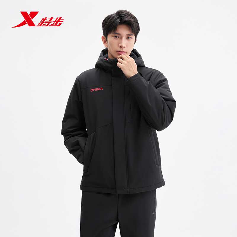 特步梭织加厚棉服2026冬新款连帽保暖防风耐磨外套男974429180555