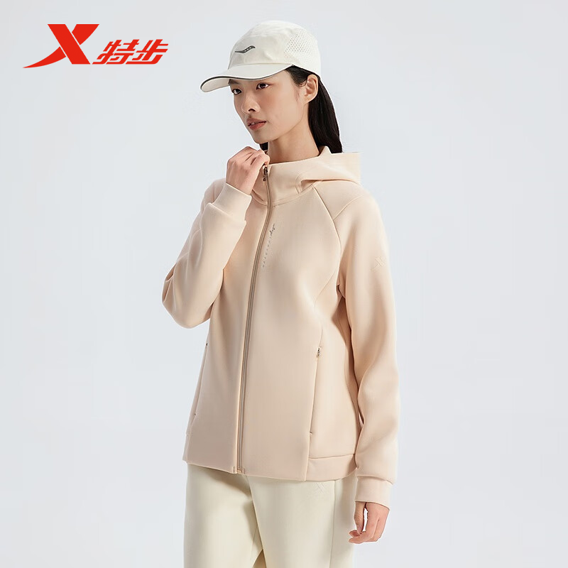 特步针织连帽上衣女2025春新款简约百搭开衫运动外套975128940063
