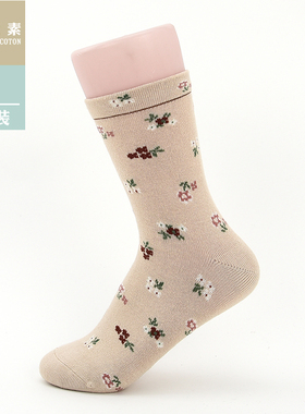 棉元素女士袜子春季舒适短袜薄款柔软碎花提花中筒袜女袜T20151