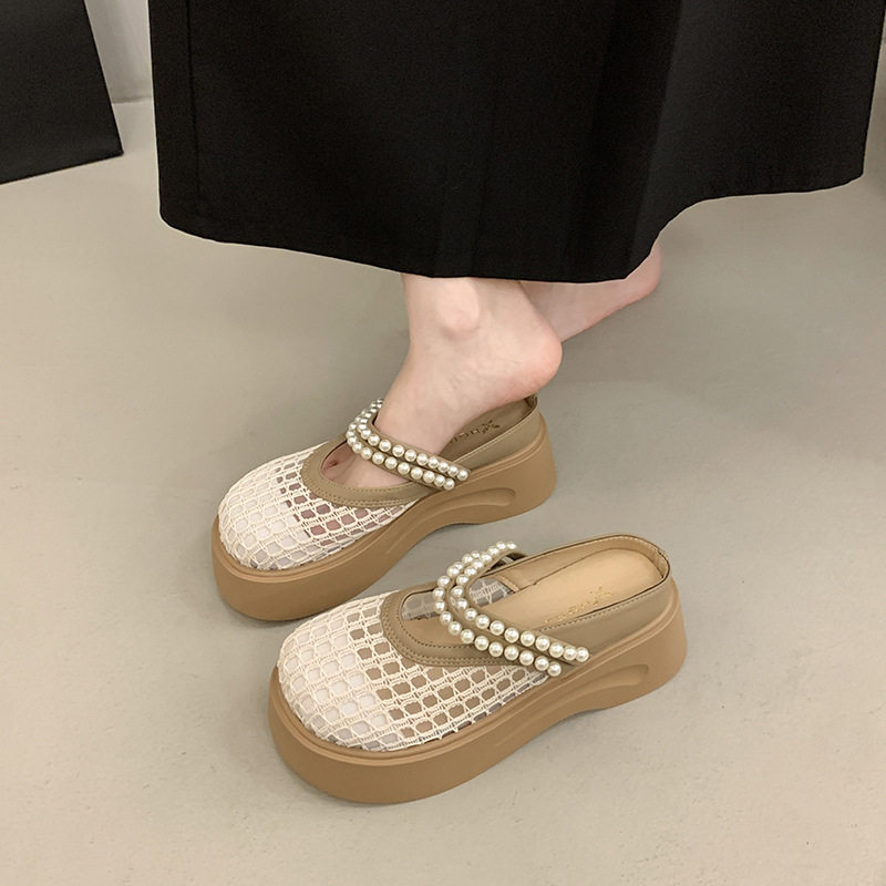 韩国明星同款松糕厚底包头半拖鞋女2026夏季新款网面蕾丝两穿一脚