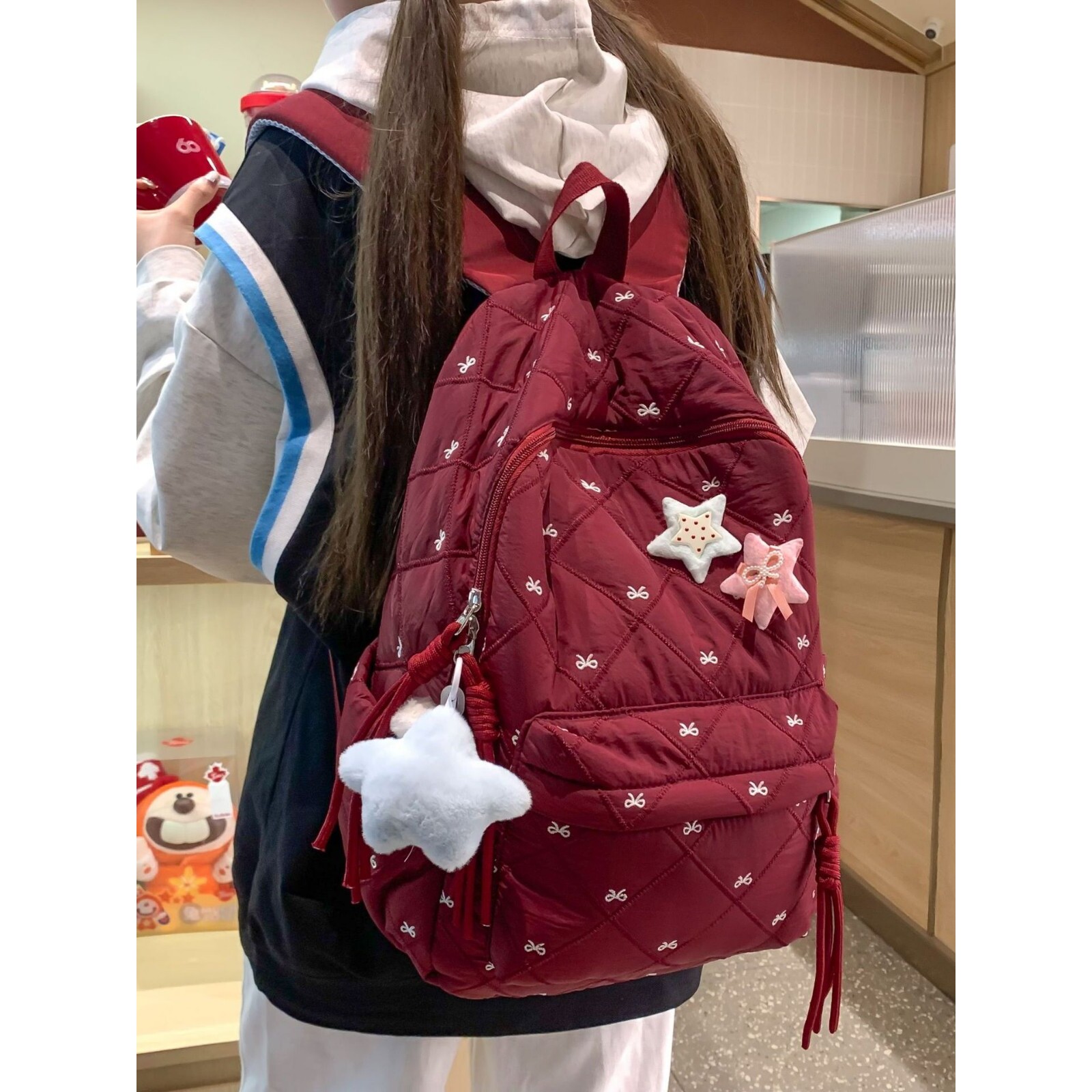 韩国明星同款书包ins日韩小众初中生高颜值秋冬棉服双肩包蝴蝶结