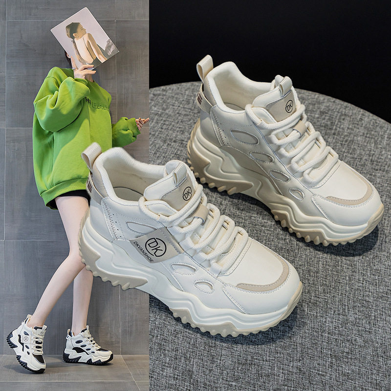 韩国明星同款高帮老爹鞋女2026春秋新款真皮网红爆款松糕厚底小个