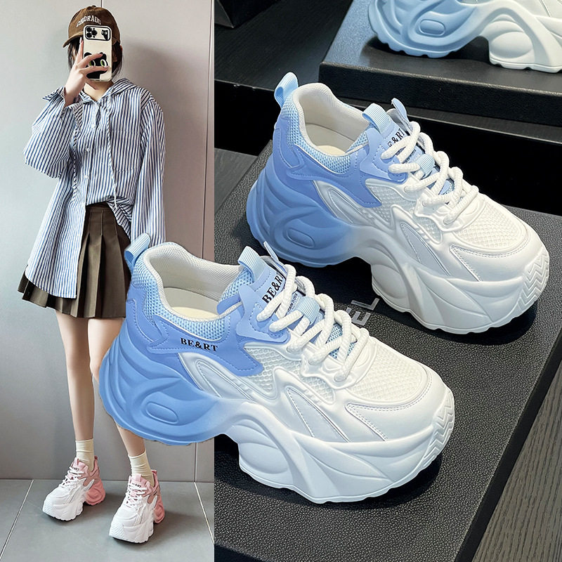 韩国明星同款老爹鞋女2026春秋新款透气渐变色真皮厚底小个子百搭