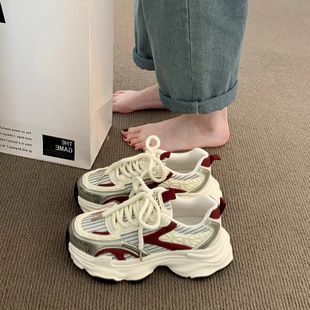 透气网面学生炸街单网休闲红 春夏季 香港潮牌厚底老爹鞋 女2025新款