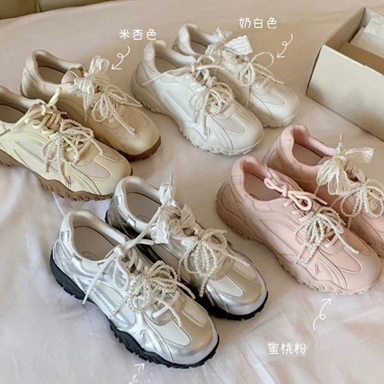 韩国明星同款云芙丨2025春季新款蕾丝珍珠鸳鸯带厚底德训阿甘鞋韩