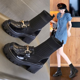 香港潮牌黑色高跟短靴粗跟乐福袜靴一体配阔腿裤裙子鞋子英伦风连