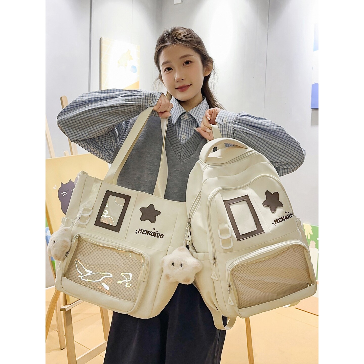 韩国明星同款日系ins小众设计百搭校园中小学生两件套双肩包二次