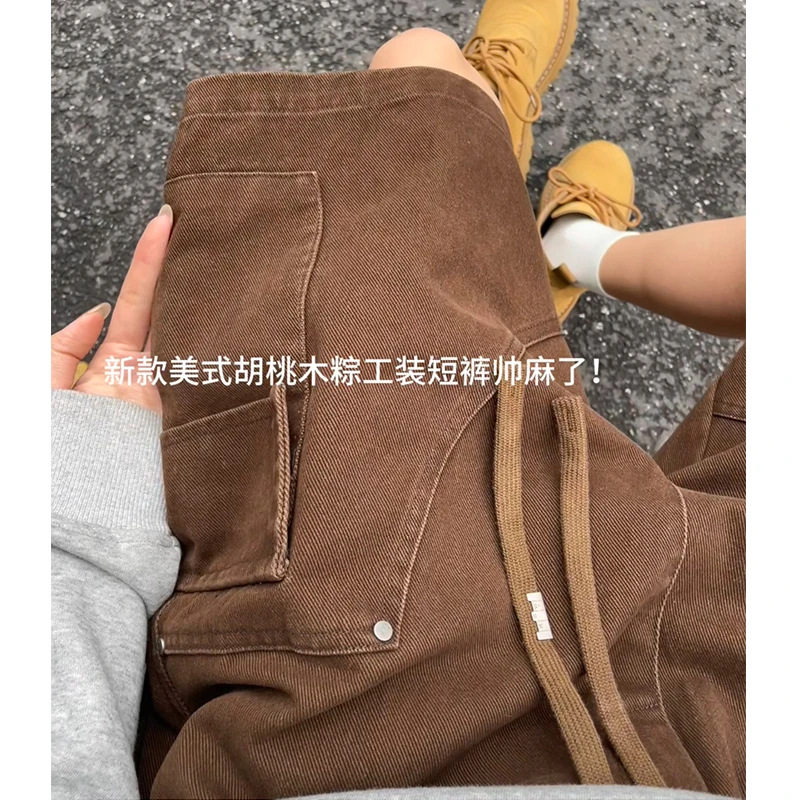 韩国明星同款美式纯棉直筒裤水洗工装短裤男装宽松男生伐木裤五分