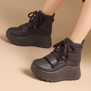 香港潮牌皮面加绒雪地靴2025冬季 高帮 加厚加绒厚度增高休闲老爹鞋