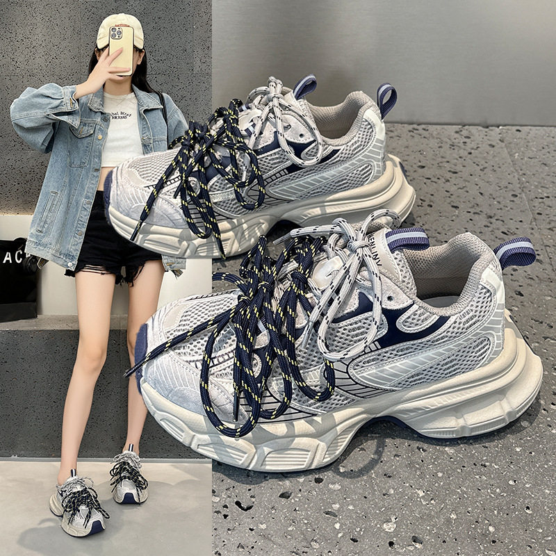 韩国明星同款真皮网红老爹鞋女2026春秋季新款百搭复古厚底透气学