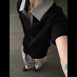 韩国明星同款千鸟格拼接短袖polo衫男款夏季美式高街翻领t恤clean