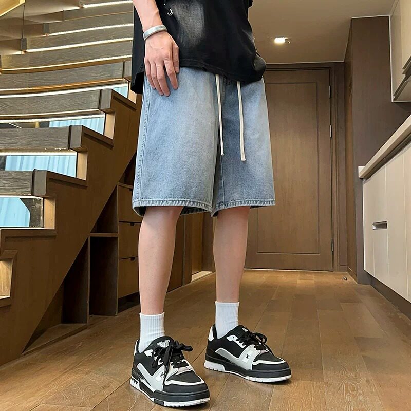 韩国明星同款牛仔短裤男夏季薄款直筒五分裤男潮流宽松黑色裤男生