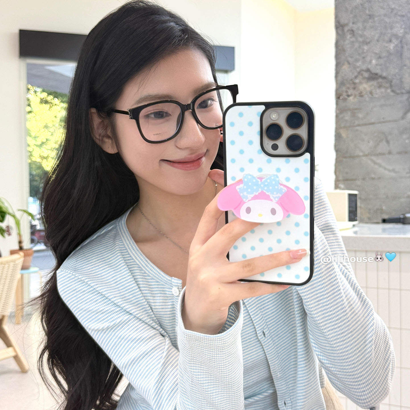 奶油蓝波点卡通支架苹果手机壳女