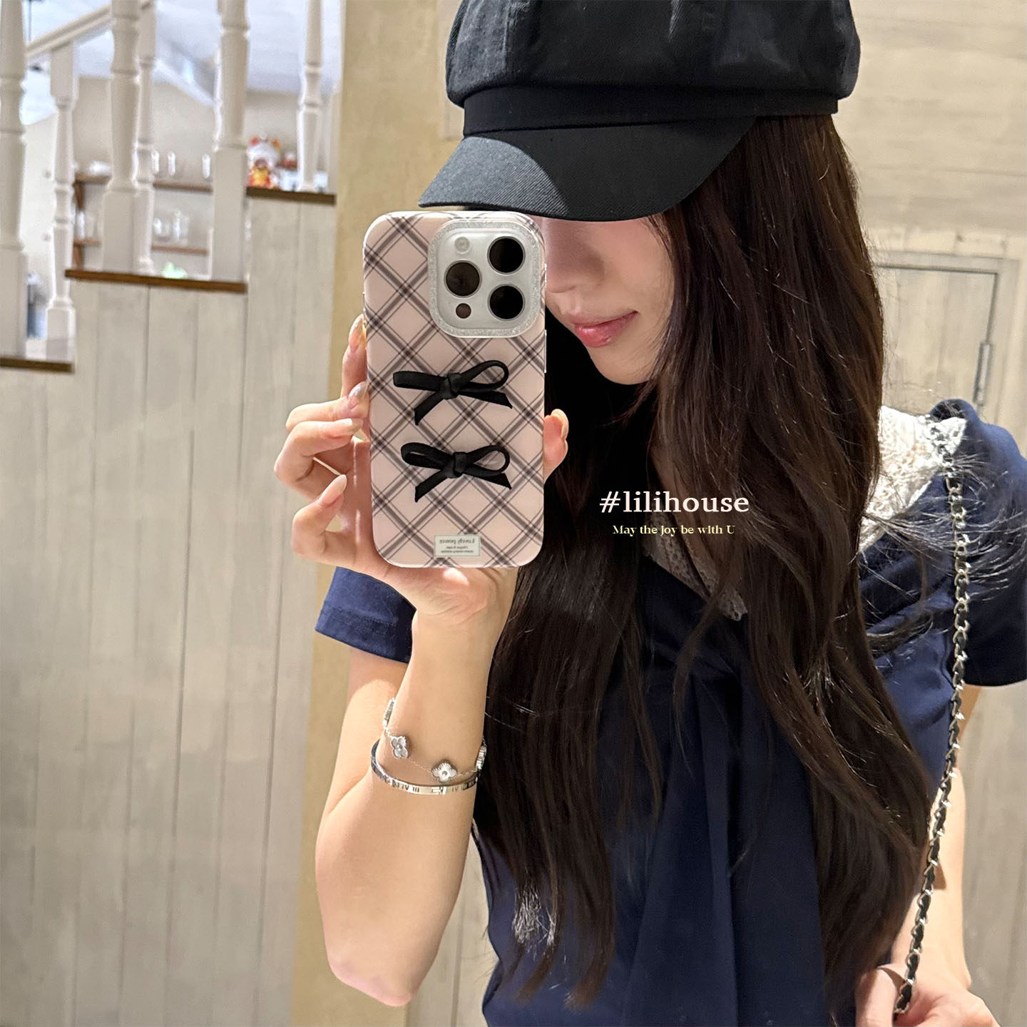 lilihouse韩国ins小众少女菱格纹立体蝴蝶结15适用16