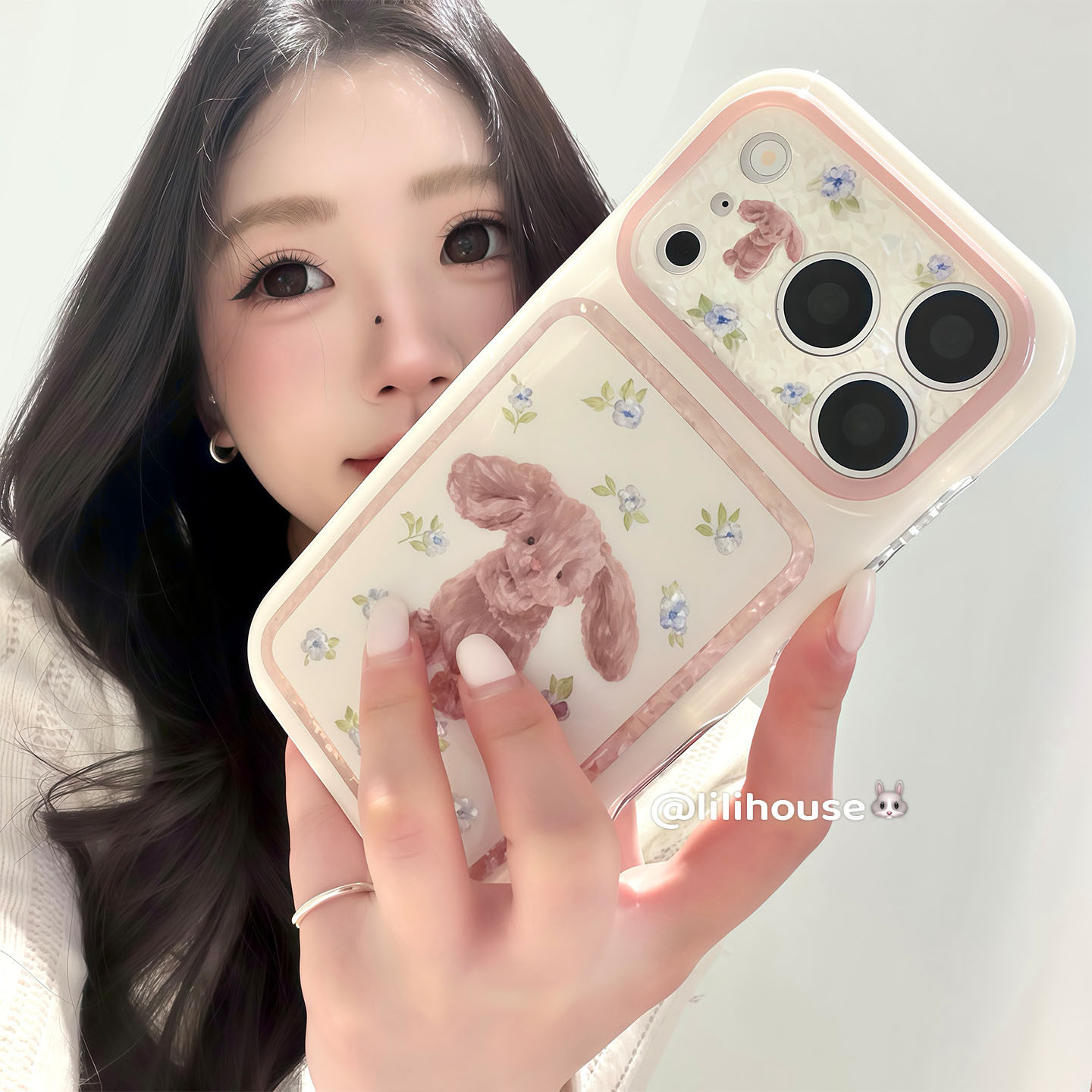 lilihouse韩国ins可爱温柔钻石纹碎花兔子插画17适用18pro苹果18ProMax手机壳iPhone16全包15新款16Pro保护套