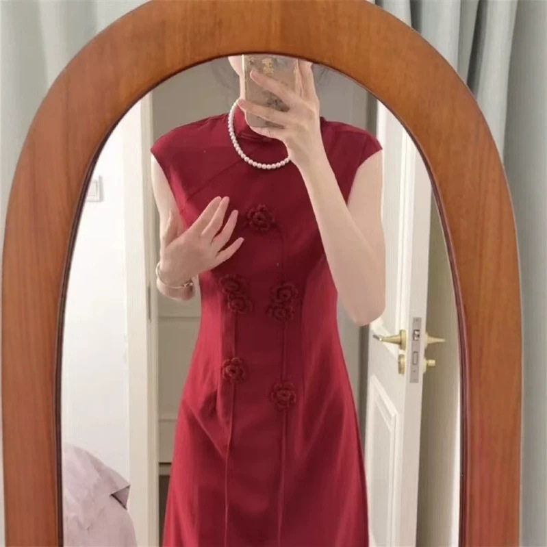 新中式红花旗袍礼服连衣裙盘扣