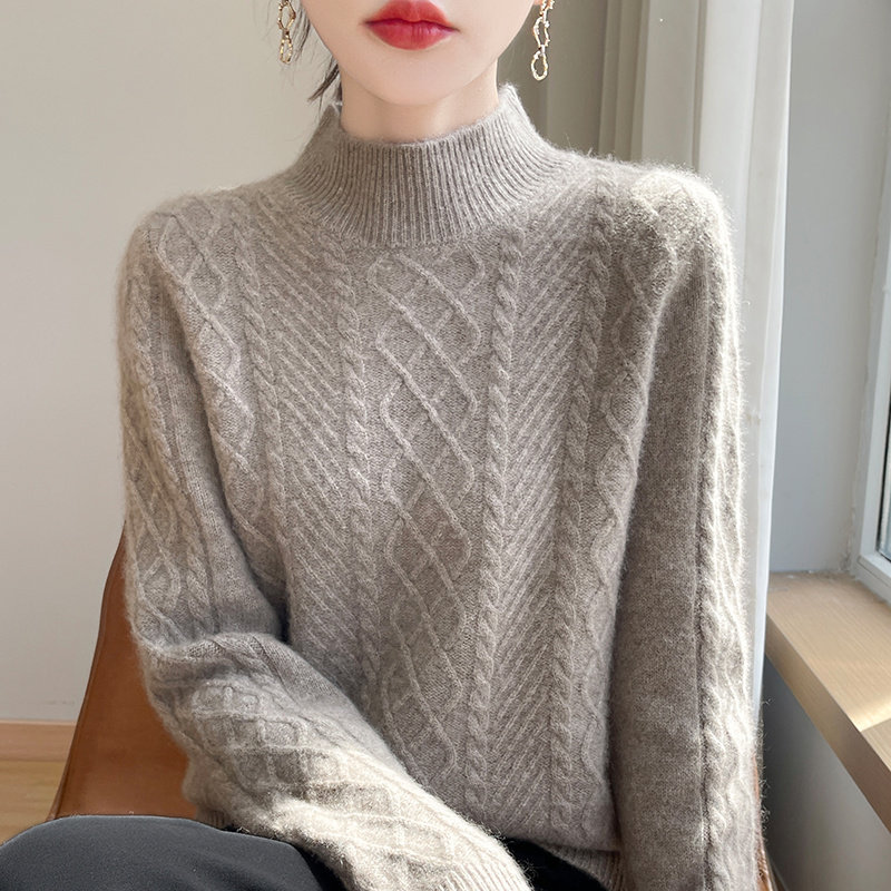 95%羊毛衫女加厚菱形绞花半高领毛衣2025春新款时尚修身显瘦上衣