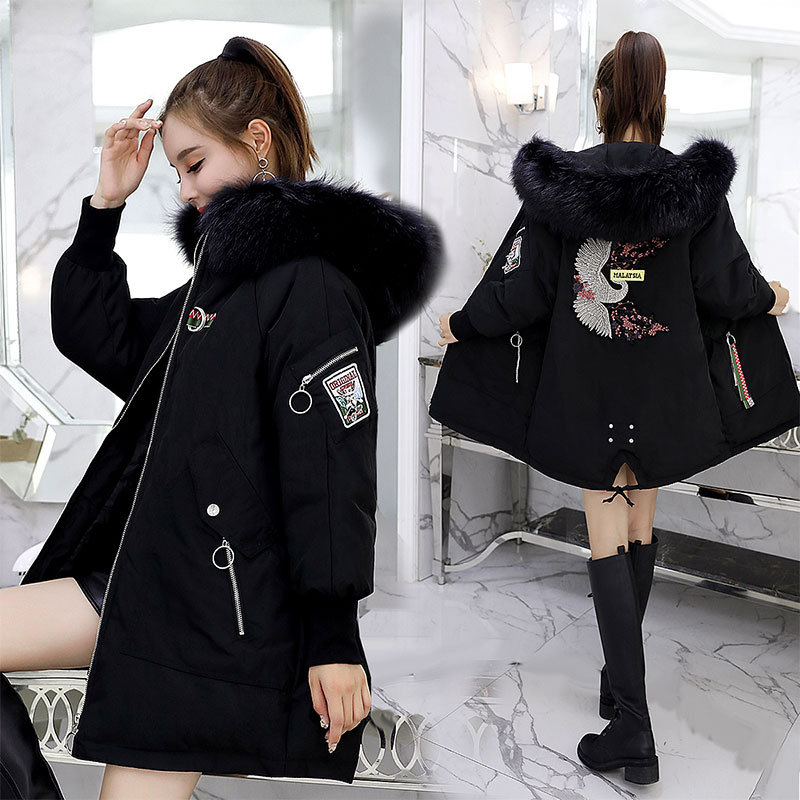 大毛领加厚保暖黑色连帽羽绒服
