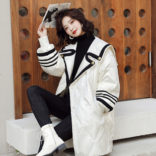 撞色外套潮 中长款 2024冬新款 海军风羽绒服90%白鸭绒保暖衣女韩版