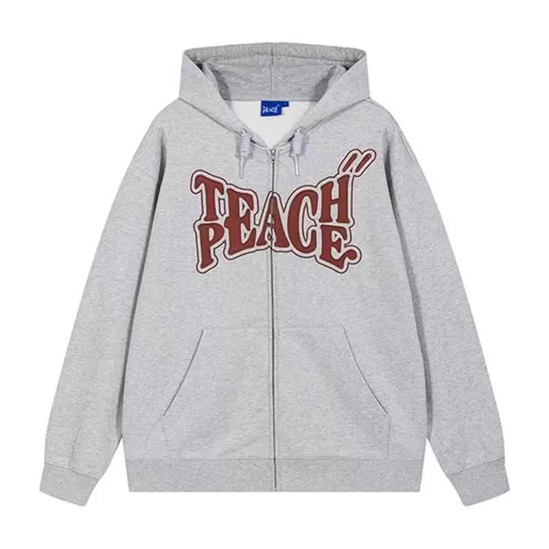 Teach Peace复古美式字母贴布刺绣开衫连帽拉链长袖卫衣男女同款