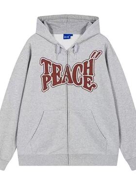 Teach Peace复古美式字母贴布刺绣开衫连帽拉链长袖卫衣男女同款