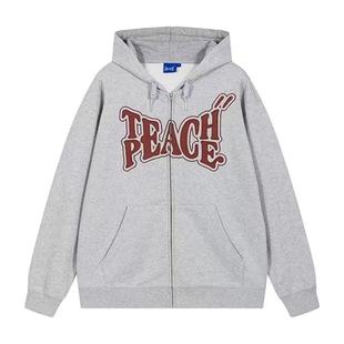 Teach Peace复古美式字母贴布刺绣开衫连帽拉链长袖卫衣男女同款