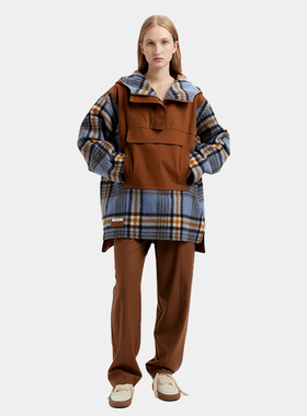 SERY官方  意大利格纹系列 蓝色/卡其拼色格纹套头外套女