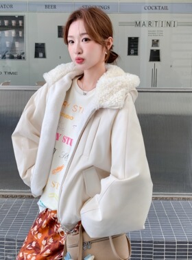 【新品】SERY白色毛绒连帽棉服夹克飞行员毛领廓形感外套秋冬Coat
