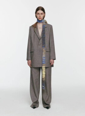SERY新品灰色羊毛套头西装 背带西装裤 渐变围巾