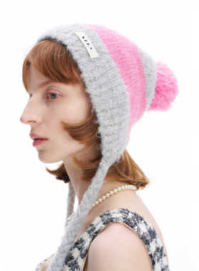 【新品】SERY粉灰色条纹羊绒毛球帽针织帽女设计师节日礼物