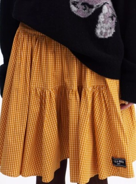 SERY桔色格纹太阳伞裙薄款高腰夏季法式褶皱半身裙显瘦Skirt
