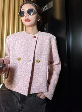 SERY 意大利羊毛冰粉樱花粉千鸟格粗花呢小香风箱型圆领短外套