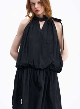 SERY立体花苞式挂脖背心裙黑色无袖立体褶皱法式高腰设计感Dress