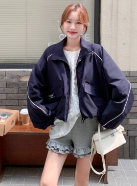 【新品】SERY藏青花苞短款拼色夹克外套美式休闲宽松百搭防晒Coat