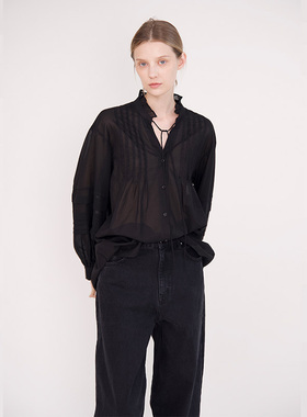 SERY 黑色一手长系带花苞袖衬衫  通勤小众