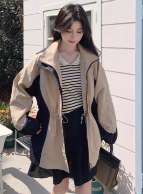 【新品】SERY驼色黑色拉链拼色抽绳外套冲锋衣防风连帽夹克Jacket