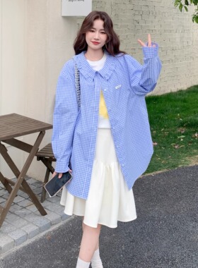 SERY格纹木耳领蓝色廓形衬衣中长款衬衫外套宽松韩系ins风Shirt