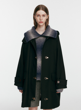 SERY 带帽中长款羊毛外套女士大衣 大翻领廓形驼绒毛衣