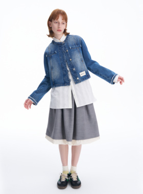 SERY新品圆领合体牛仔夹克上衣短外套羊毛Miu风半裙设计师