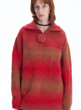 新品SERY圣诞红色渐变意大利驼绒立领毛球毛衣冬设计师款