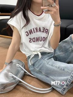 M77 夏季新款美式字母印花飞飞袖短袖T女宽松显瘦百搭休闲上衣ins