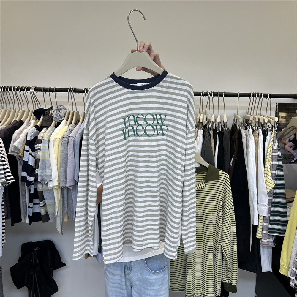 十三行女装 撞色字母条纹印花长袖T恤女春夏新款宽松休闲百搭上衣