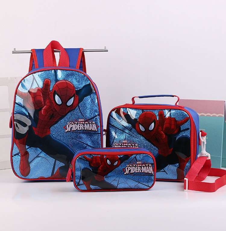 蜘蛛侠spiderman蓝色金粉儿童卡通幼儿园书包小学生野餐包笔袋