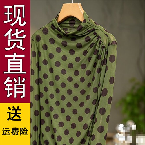 复古波点印花半高领网纱打
