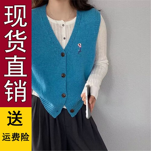 韩系刺绣小花V领无袖针织