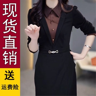 正品 连衣裙时尚 翻领春季 设计感气质显瘦中长 好货黑色简约优雅修身