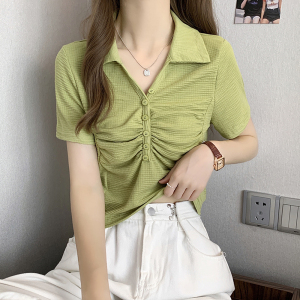 RM3810#夏季新款韩版V领修身显瘦上衣百搭辣妹短款别致设计款短袖女