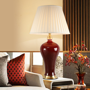 新中式台灯客厅沙发边台灯景德镇朗红陶瓷台灯大号台灯简约大气