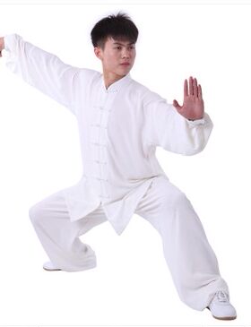 雅鑫健体长袖练功服白色 免熨烫 弹力棉麻太极服对襟套装男女通用